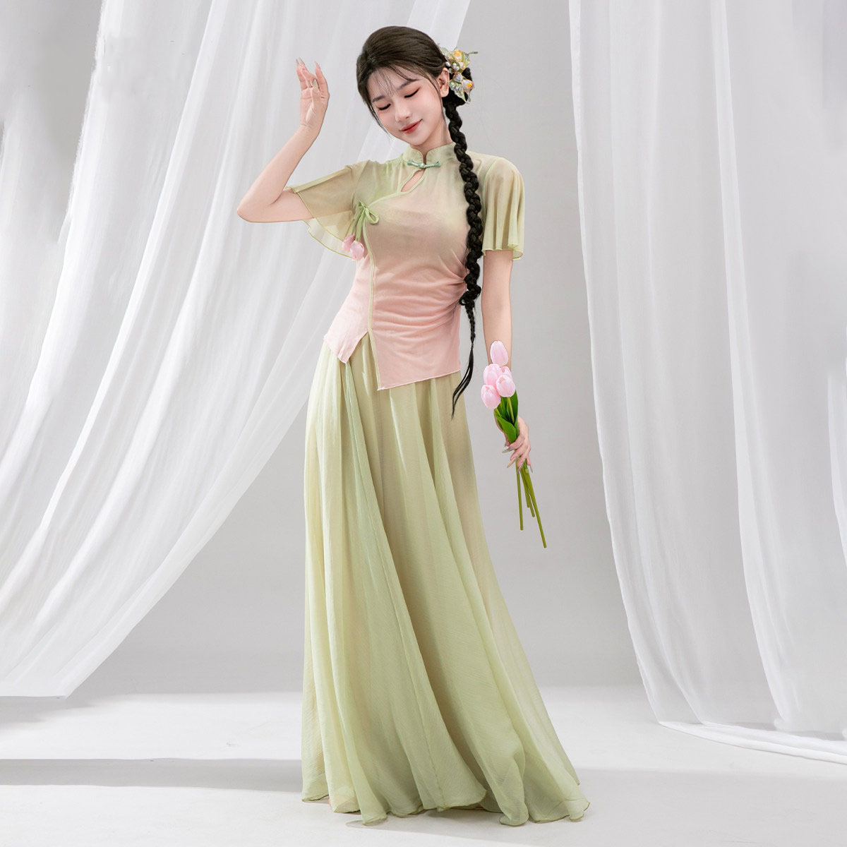 古典舞服装旗袍舞蹈服渐变身韵练功服飘逸裙裤短款舞蹈演出服