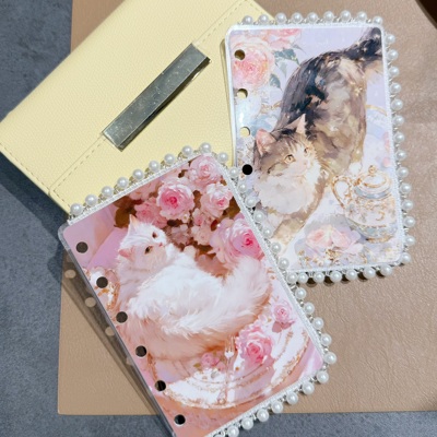 2张奶油风手绘A5slimA6A7奇葩可爱猫猫手工珍珠塑封M5手账分隔页
