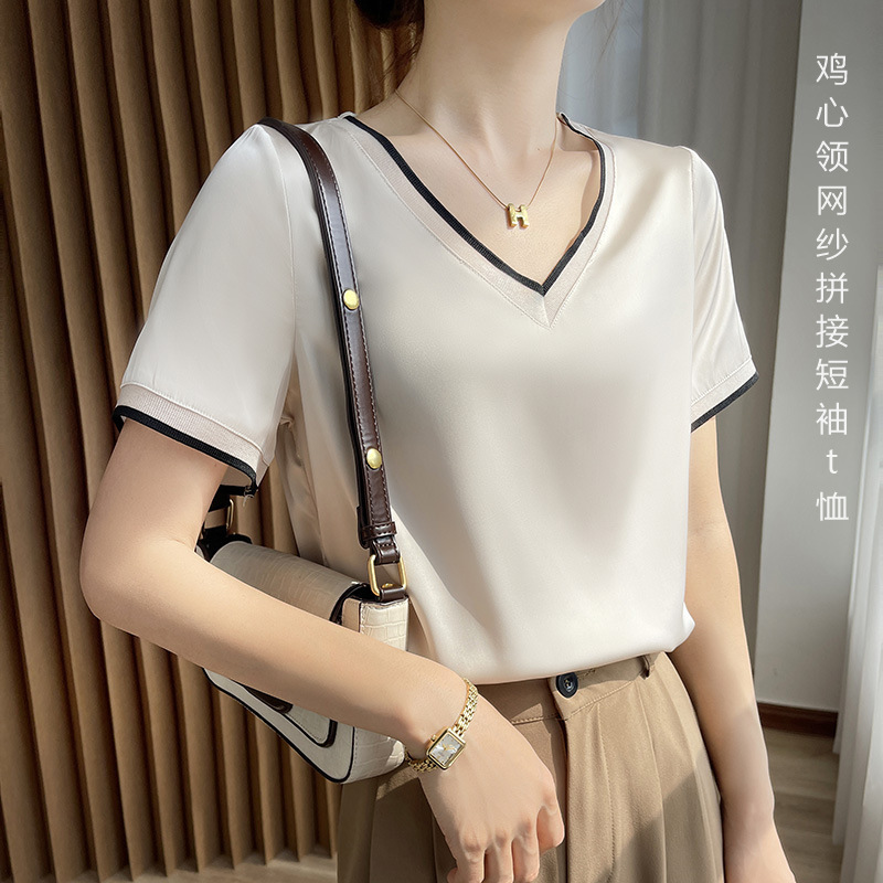 夏季女装批发白色t恤内搭打底衫上衣女鸡心领网纱拼接短袖t恤