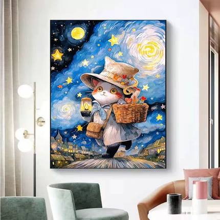 带框梵高星空猫2025新款钻石画满钻竖版客厅卧室点贴粘钻十字绣