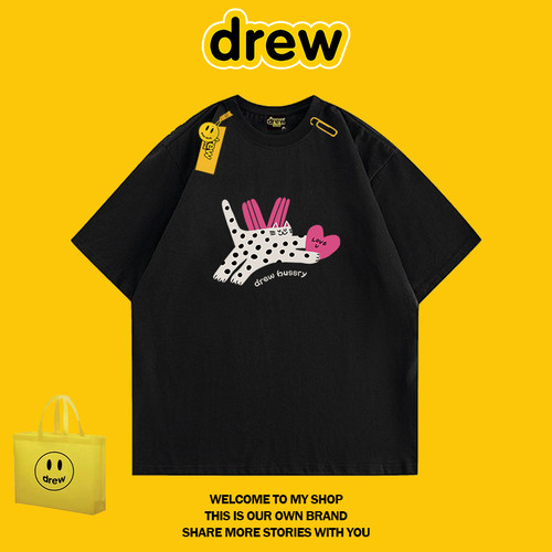DREW HUSSRY Drew笑脸虞书欣同款猫咪T恤可爱情侣装流行短袖上衣