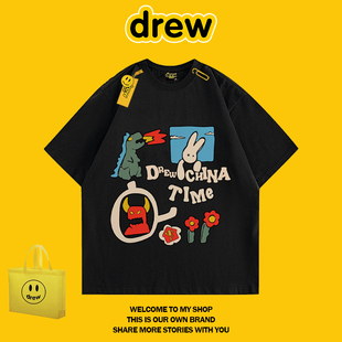DREW HUSSRY 时尚卡通动漫恐龙印花纯棉短袖T恤女情侣上衣