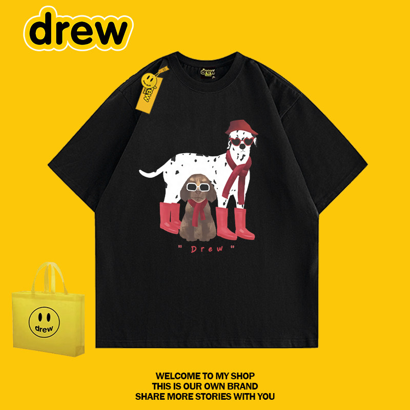 drew美式潮牌明星同款卡通狗狗印花短袖T恤男女宽松纯棉情侣上衣