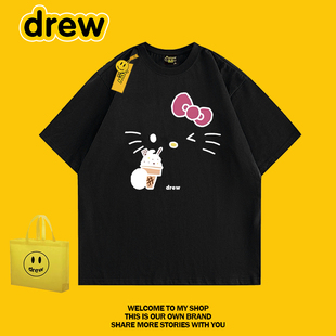 drew 美式时尚可爱卡通KT猫短袖T恤男女宽松潮牌情侣装夏季