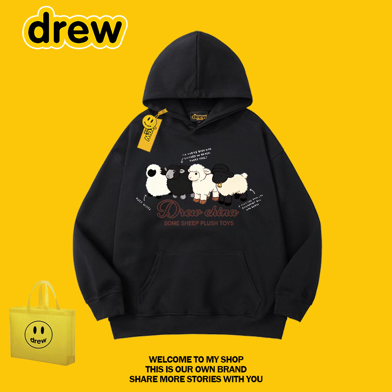DREW美式潮牌卡通可爱小羊印花连帽卫衣男女情侣宽松百搭