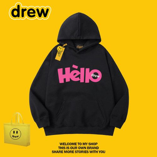 drew美式潮牌Hello连帽卫衣黑