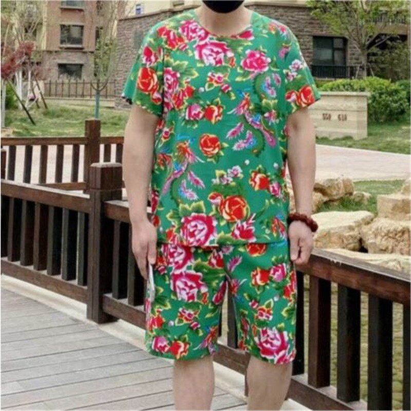 男士圆领网红套装东北大花服装