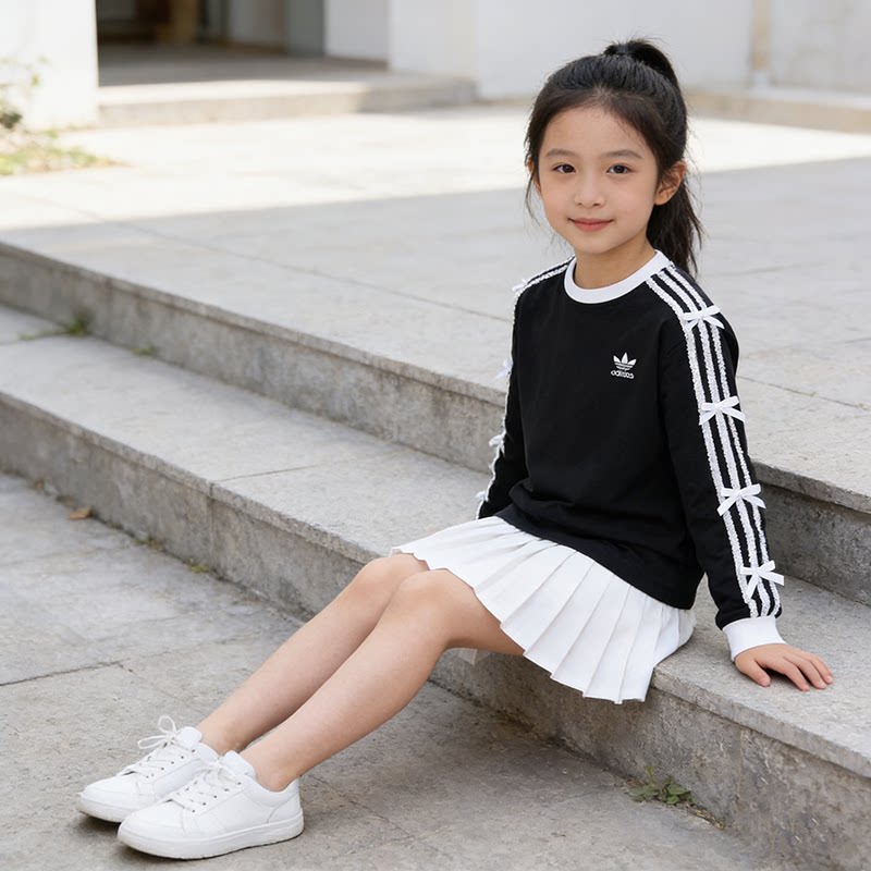 阿迪达斯女大童春季侧条纹T恤