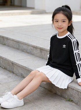 Adidas阿迪达斯童装春季新款女大童侧条纹蝴蝶休闲长袖T恤KW1292
