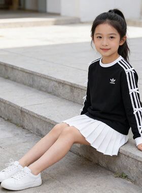 阿迪达斯女大童春季侧条纹T恤
