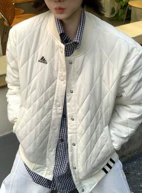 阿迪达斯轻薄棉服女棒球服秋冬新款复古宽松运动韩版加棉加厚外套