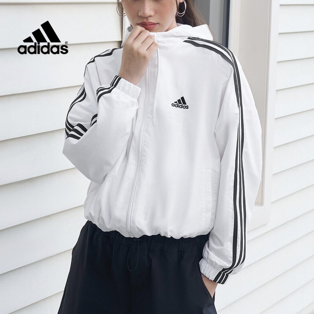 阿迪达斯女薄款连帽条纹运动夹克
