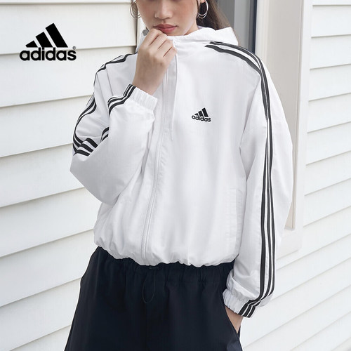 阿迪达斯女薄款连帽条纹运动夹克