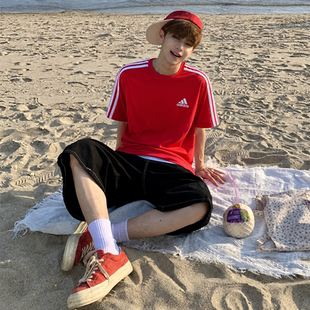 Adidas阿迪达斯正品短袖男款红色夏季复古三条纹圆领休闲百搭T恤