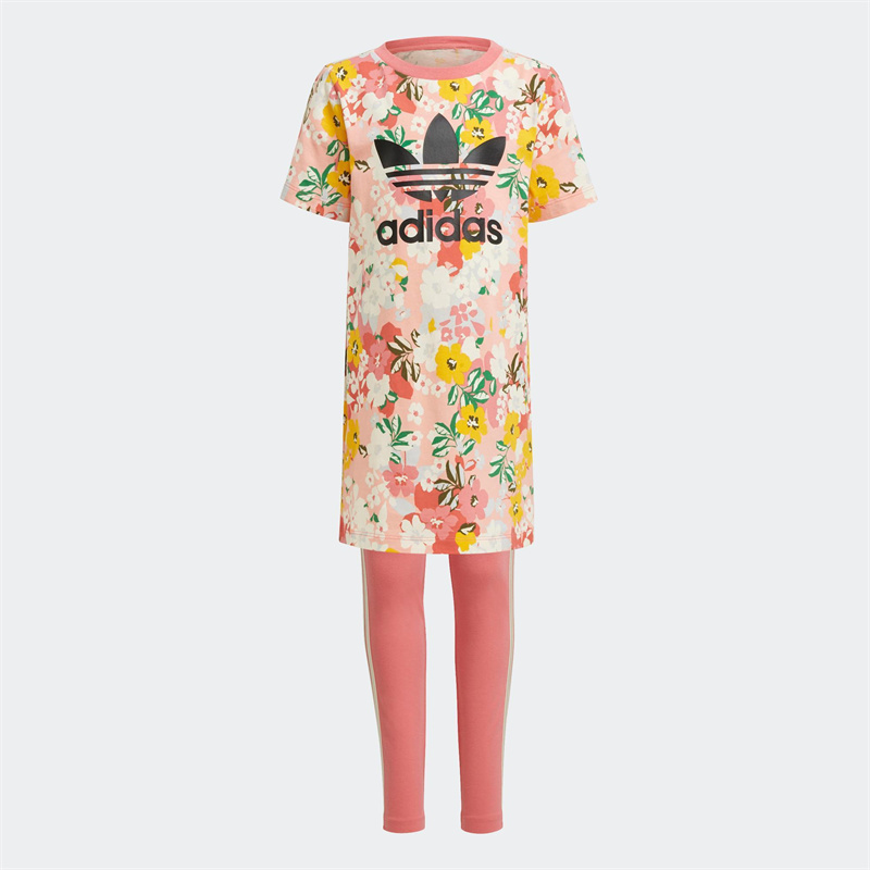 Adidas阿迪达斯短袖套装儿童2023新款三叶草碎花运动两件套GN4214