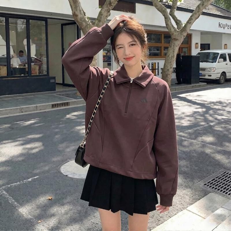 阿迪达斯卫衣女秋新款复古半拉链上衣宽松美式韩版休闲运动套头衫
