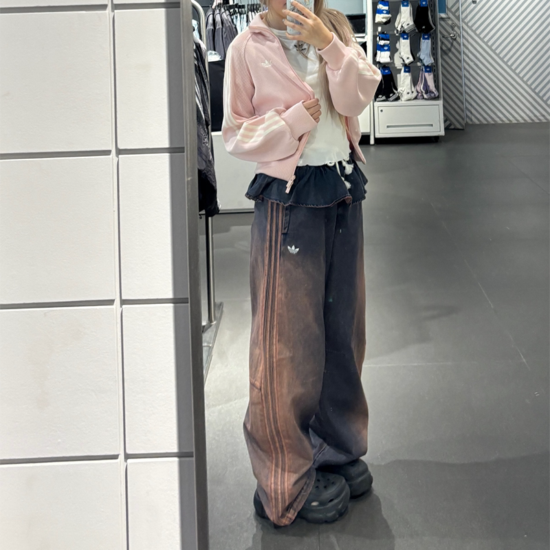 adidas阿迪达斯三叶草女子复古做旧花苞边宽松直筒牛仔长裤KS0624