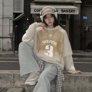 Adidas阿迪达斯三叶草男女款复古时尚假两件卫衣秋季连帽上衣