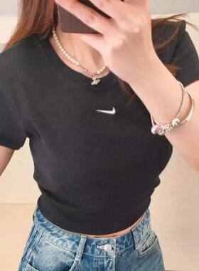 NIKE耐克女短袖26夏新款黑色罗纹修身短款圆领运动T恤HV4995-010