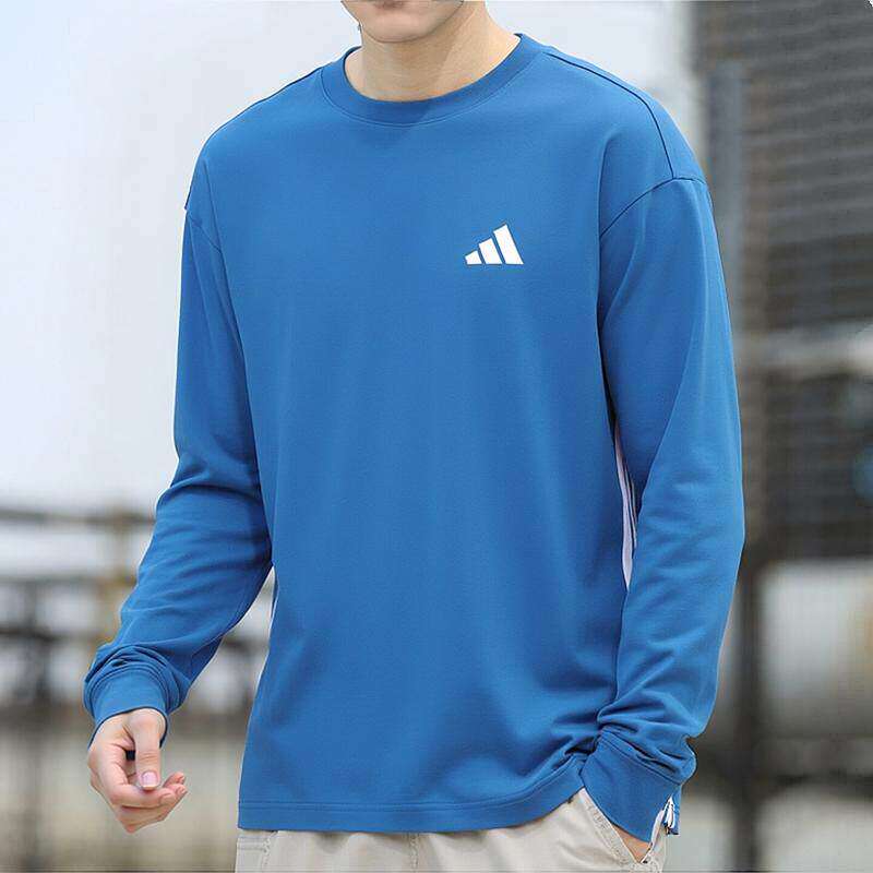 Adidas阿迪达斯蓝色长袖T恤运动服透气健身跑步训练休闲圆领上衣
