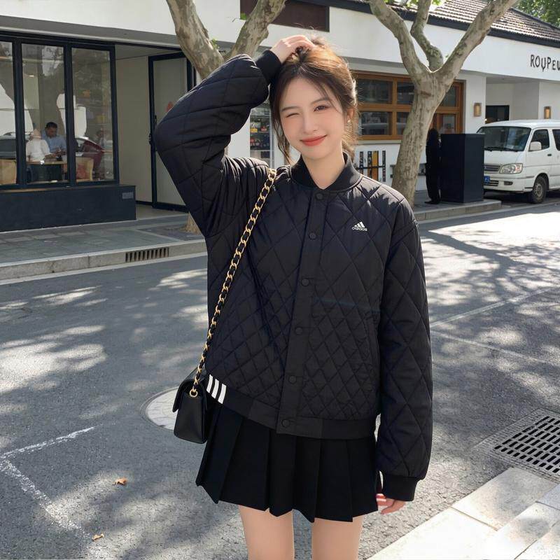 阿迪达斯加厚外套女轻薄棉服秋冬复古防风加棉棒球服美式宽松棉袄