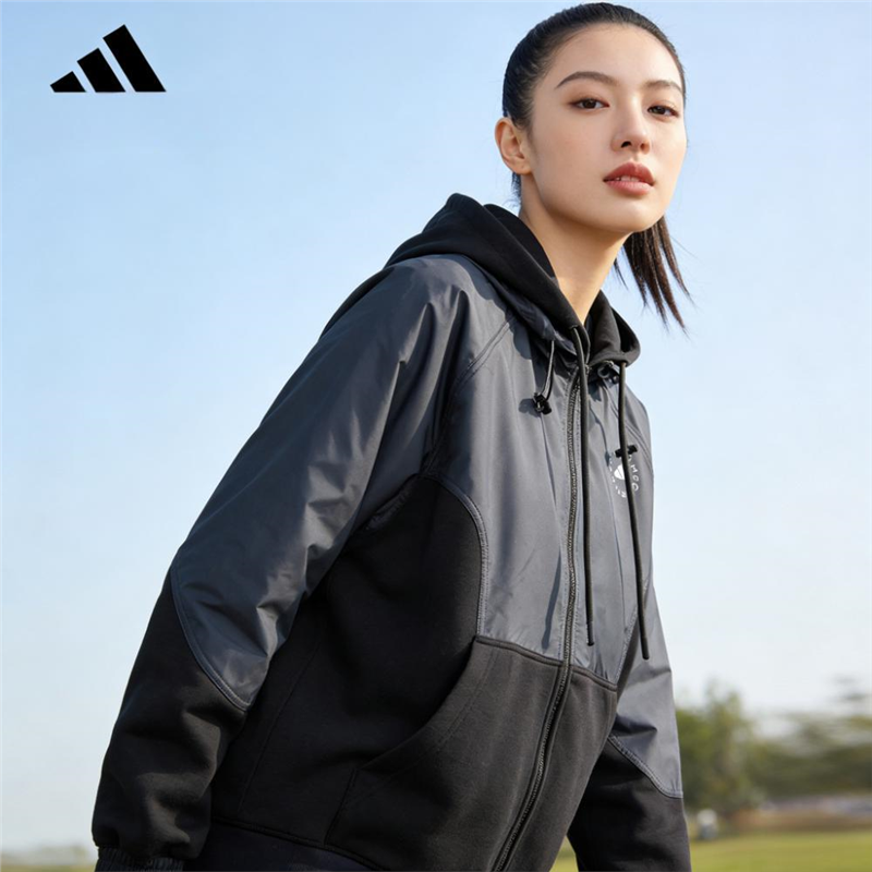 阿迪达斯正品SMC上衣女士2025款休闲拼接运动宽松连帽外套 JI5243