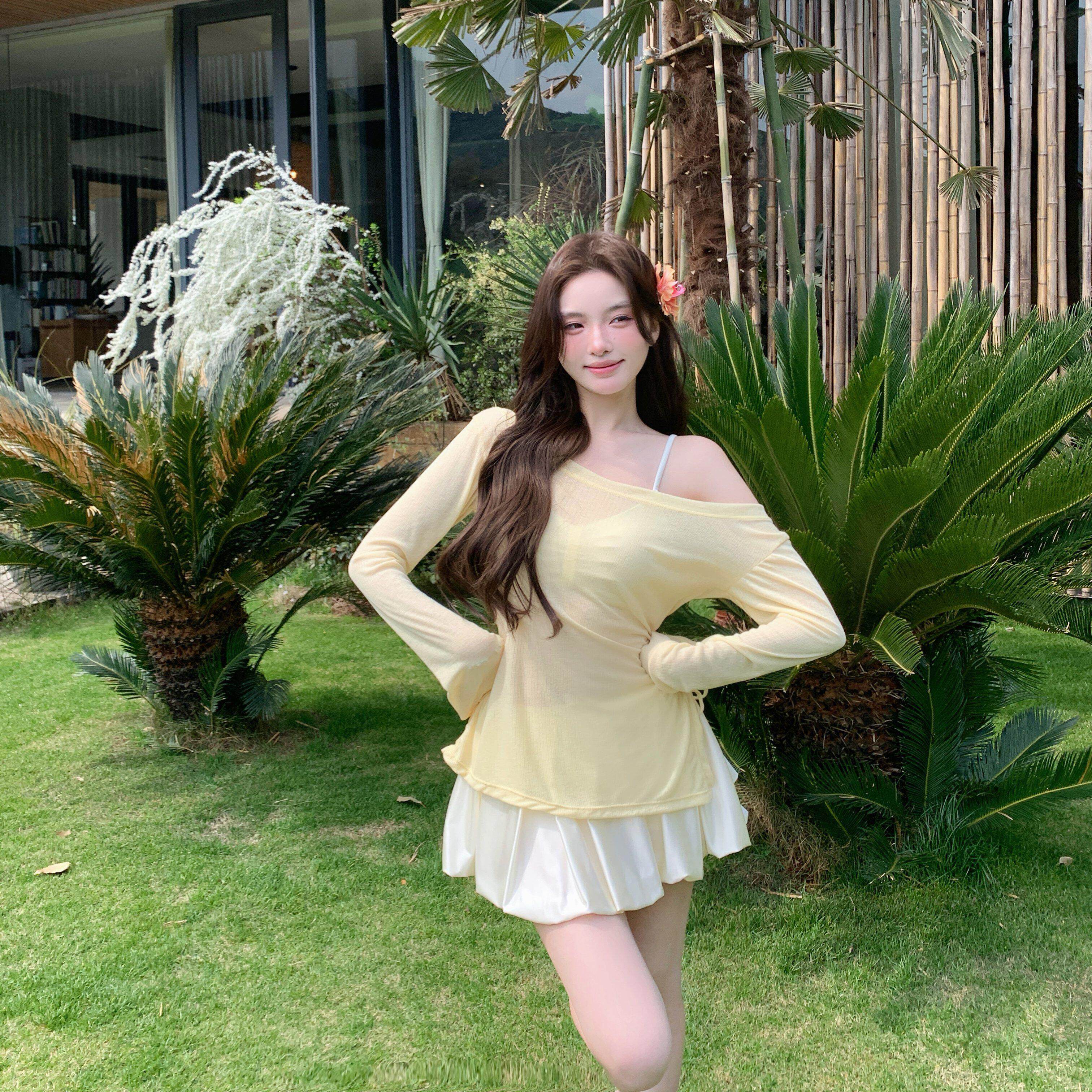 纯欲少女分体泳衣保守四件套斜肩罩衫显瘦蓬蓬裙温泉海边度假泳衣