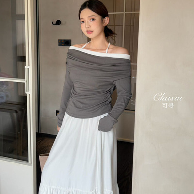 一字肩抽褶长袖T恤23CX332