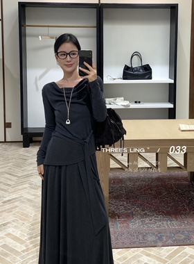 THREES LING  033 一字肩长袖T恤+显瘦A字半身裙套装配项链 Q020