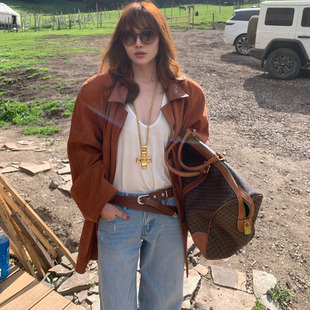 ALL IN 2025秋法式复古老钱风时尚麂皮绒皮衣翻领外套 6101