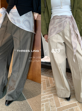 THREES LING  033 早秋韩版宽松直筒装饰休闲阔腿裤(配丝巾)Q022