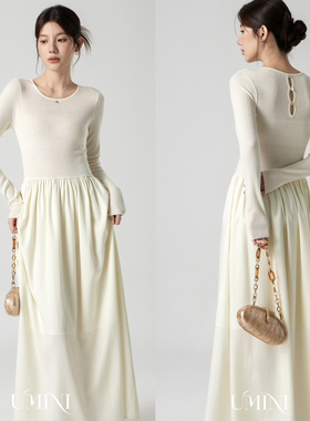 U+MINI 秋上新气质精致贝壳扣镂空设计高弹力拼接连衣裙YS1-D5160