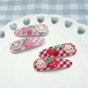草莓樱桃发饰 格子发夹BB夹 韩国进口材料 f家刺绣小熊做