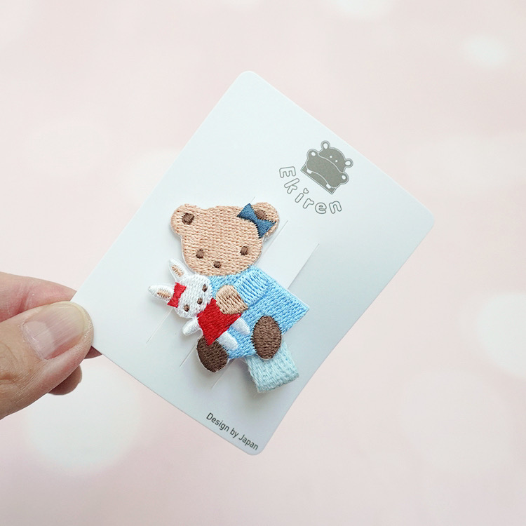 高端定制日本familiar同款可爱卡通小熊抱小兔刺绣发夹鸭嘴夹