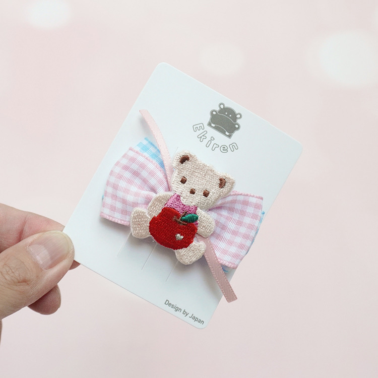 日本familiar风格卡通格纹粉嫩嫩可爱刺绣小熊双蝴蝶结发夹鸭嘴夹