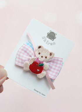 日本familiar风格卡通格纹粉嫩嫩可爱刺绣小熊双蝴蝶结发夹鸭嘴夹