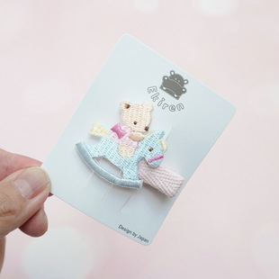 手工定制日本familiar风可爱马卡龙色刺绣木马熊发夹全包鸭嘴夹