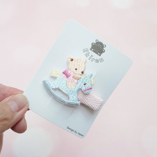 手工定制日本familiar风可爱马卡龙色刺绣木马熊发夹全包鸭嘴夹