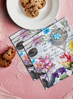 金银花鸟图印花彩色餐巾纸蝶骨巴特厨房手帕纸一次性纸巾25x25cm