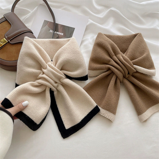 法式小围脖学生护颈百搭简约拼色交叉懒人针织围巾女冬季保暖脖套