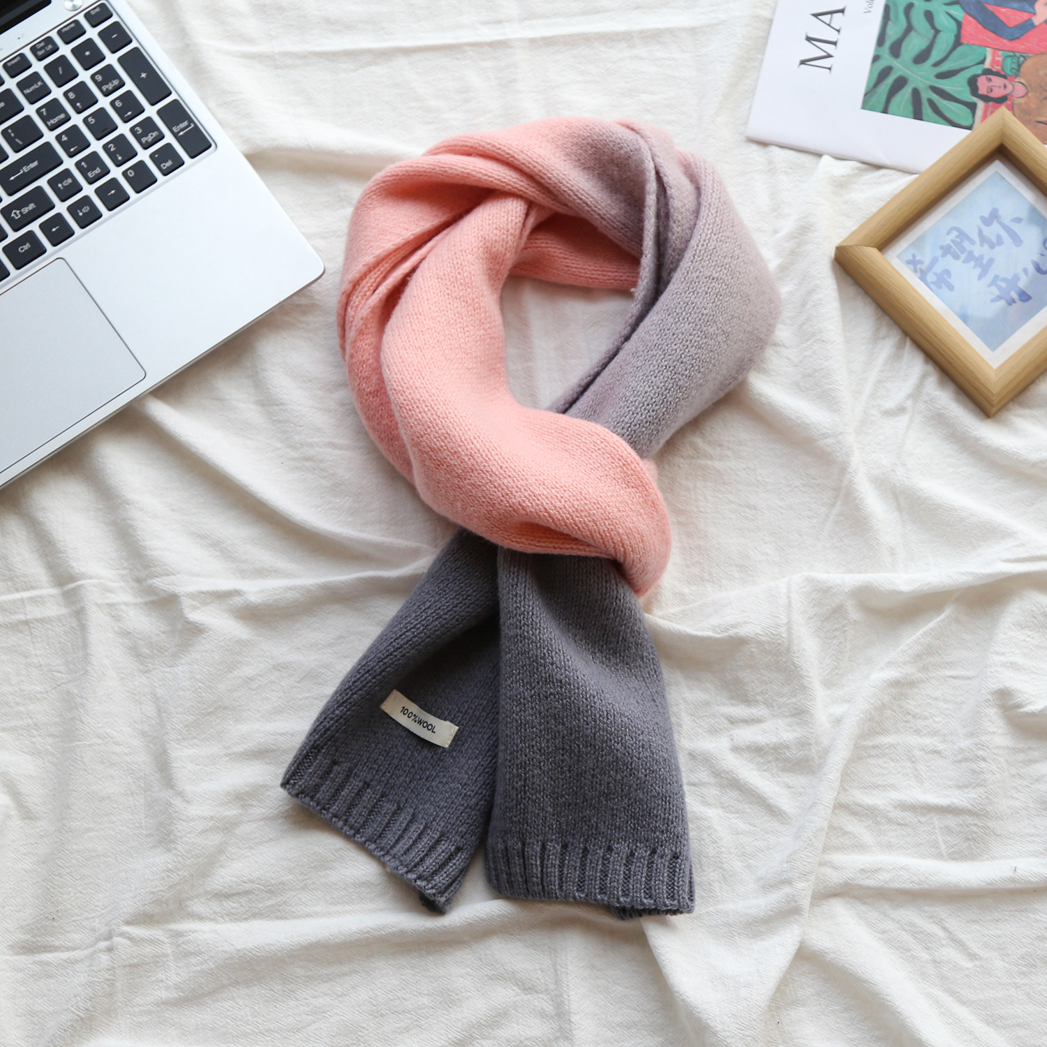 100%澳洲羊毛围脖韩版针织围巾女秋冬渐变色百搭保暖长款时尚护脖