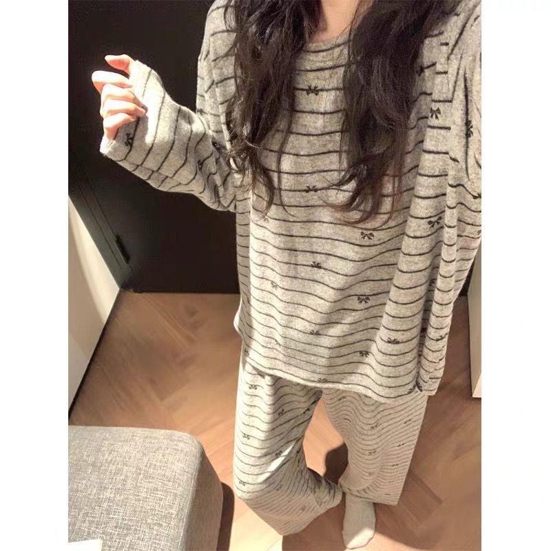 韩版简约条纹睡衣女春秋蝴蝶结