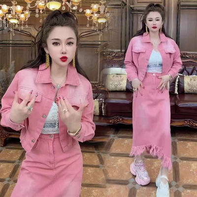2024春季牛仔套装女小个子短款开衫夹克外套+高腰A字半身裙两件套