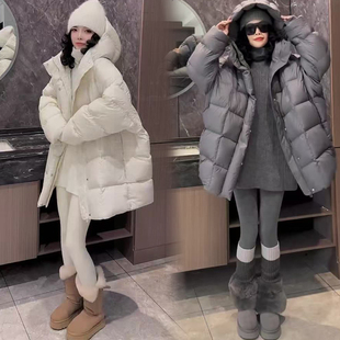 休闲时尚羽绒服女2025年冬新款欧货宽松加厚茧型连帽羽绒外套潮