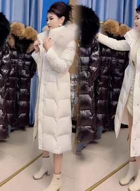 羽绒服2024修身保暖韩版长款时尚常规连帽过膝超大毛领收腰新款潮