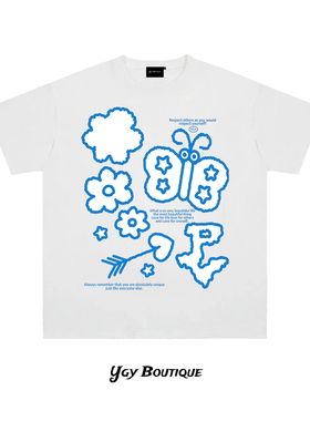 YGY潮牌320g重磅纯棉蝴蝶印花T恤2026年夏季学生百搭情侣短袖上衣