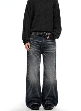 YGY美式蓝灰色直筒牛仔裤男女水洗潮立体猫须蜂窝个性修身休闲裤