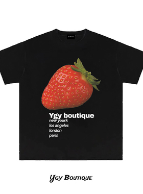 YGY潮牌320g重磅纯棉草莓印花T恤2026年夏季学生百搭情侣短袖上衣