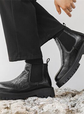 YGY男中帮厚底复古手抓纹百搭短筒切尔西靴潮流百搭马丁靴男靴