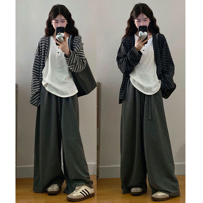 慵懒风美式撞色条纹长袖三件套